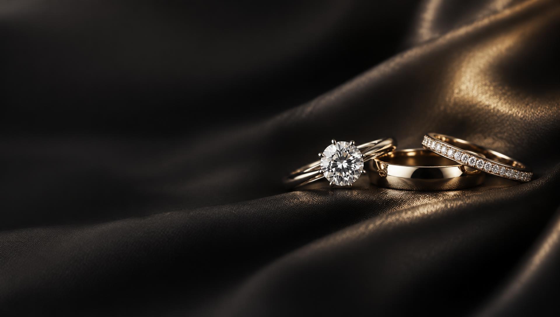 Diamond engagement ring and gold wedding bands on dark silk